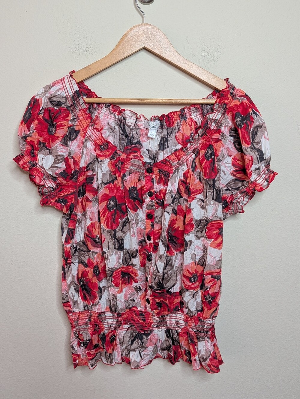 Dressbarn Floral Smocked Peasant Top Red Off Shoulder XL Boho Cottagecore